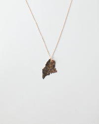 The Maine Necklace in Gold by Nashelle features a 14K gold fill chain and a textured, irregular dark brown pendant, shown against a plain white background.