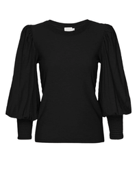 The Loren Smocked Peasant Tee Reverse Slub in Jet Black by Nation LTD is a lightweight 100% Prima Cotton top with puffed sleeves, wide ribbed cuffs, and a round neckline. Its textured black design stands out against a white background.