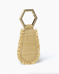 The Fray in Natural & Gold by TopTote is a beige woven keychain with fringed edges and a hexagonal gold ring, ideal as a chic handbag accessory. Shown against a plain white background.