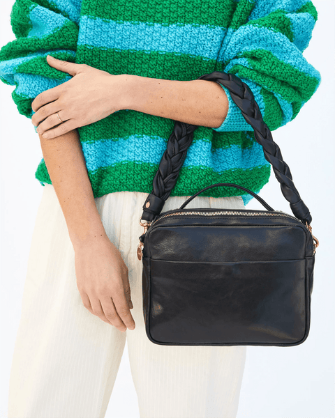 Clare V. Braided Leather Shoulder Strap in Black Italian Nappa