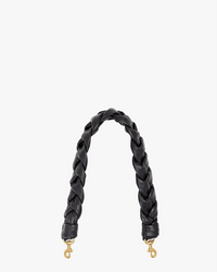 The Clare V. Braided Leather Shoulder Strap in Black Italian Nappa features gold-tone metal clasps at each end and is shown against a plain white background.