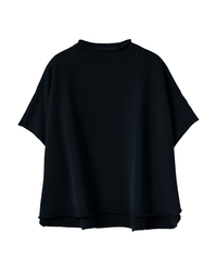 A loose-fitting, short-sleeve Frank & Eileen Audrey Funnel Neck Capelet in British Royal Navy, featuring a round neck and raw-edge hems, displayed against a white background.