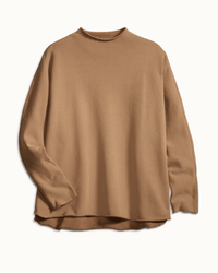 The Frank & Eileen Effie Long-Sleeve Funnel Neck Capelet in camel, made from soft triple fleece, is shown laid flat on a white background.