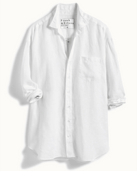 The Mackenzie in White Linen by Frank & Eileen is a crisp white Italian linen button-down with long sleeves, a single chest pocket, a curved hem, and the Frank & Eileen label inside the collar.