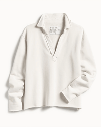 The Patrick Henley in Vintage White Terry by Frank & Eileen is a relaxed-fit, long-sleeve popover with an open collar, raw-edged hem, and a visible "Frank & Eileen EST 1947" label inside the neckline.