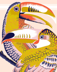 The Fouta 100 Toucan in Nude by Inoui Editions features two vivid, stylized toucans with bright yellow beaks on a pale pink background—a bold cotton towel to elevate your beach style.