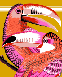 Vibrant illustration of two toucans with pink, red, and orange feathers on a branch against a mustard yellow background with white stripes—featured on the Inoui Editions Fouta 100 Toucan in Yellow cotton towel.