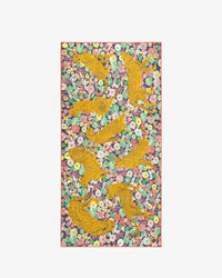 A vibrant design of yellow leopards with black spots on a lively floral background captures the bold spirit of the Scarf 100 Pampa in Multicolor by Inoui Editions, crafted from 100% cotton.