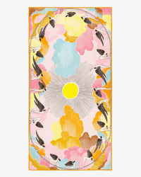The Scarf 100 Yoga in Yellow by Inoui Editions showcases a vibrant rectangular design with colorful clouds, a radiant yellow sun, stylized black birds in an oval pattern, and human figures resting among the border clouds.