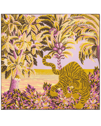 A vibrant illustration on the Inoui Editions Square 100 Chatou in Pink shows a tiger crouching among tropical plants and palm trees at sunset, capturing the bold style of this oversized scarf or silk modal bandana.