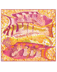 The Square 100 Tango in Yellow bandana by Inoui Editions features a colorful illustration of four vividly patterned fish in pink, yellow, and orange on 100% cotton, set against a decorative background with matching repeating scales.