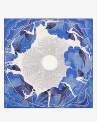 The Square 100 Yoga in Blue by Inoui Editions is an oversized bandana in a cotton-silk blend, showcasing a central white sun, radiating lines, blue clouds, winged figures in blue and white, and a bold blue border.