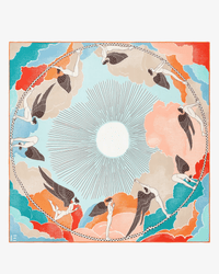 The Square 100 Yoga in Turquoise by Inoui Editions is a cotton silk bandana with a circular design featuring winged human-like pairs against vibrant clouds in red, orange, blue, beige, and a radiant white sun.