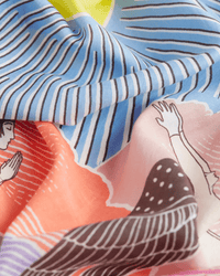 Close-up of the Square 100 Yoga in Turquoise bandana by Inoui Editions, featuring illustrated figures with raised hands, bold blue, coral, and pink stripes, and brown dotted patterns on colorful cotton-silk fabric.