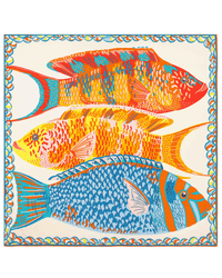 Three vibrant fish in orange, yellow, blue, and teal patterns are stacked on a cream background with a scalloped border—perfect inspiration for Inoui Editions' Square 130 Tango in Orange bandana.