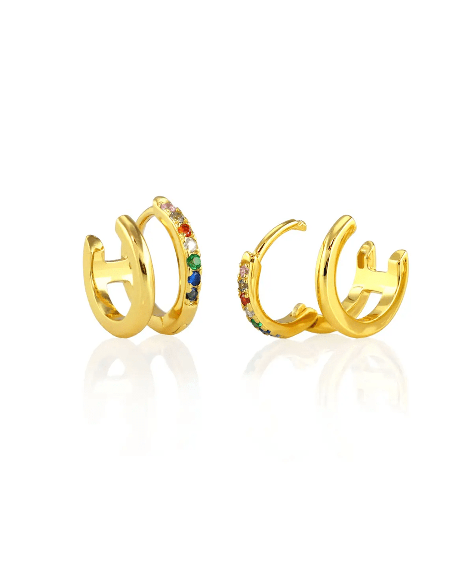 Kris Nations Jewelry 18K Gold Vermeil Double Huggie Hoop Earring 18K Gold with Rainbow Crystal