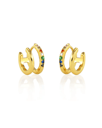 Kris Nations Jewelry 18K Gold Vermeil Double Huggie Hoop Earring 18K Gold with Rainbow Crystal