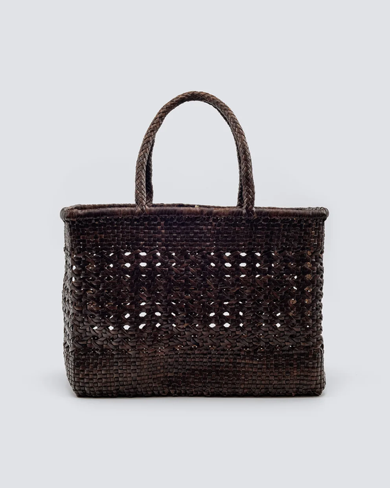 Handwoven Dragon Diffusion Cannage Max in Dark Brown leather tote bag on a neutral background.