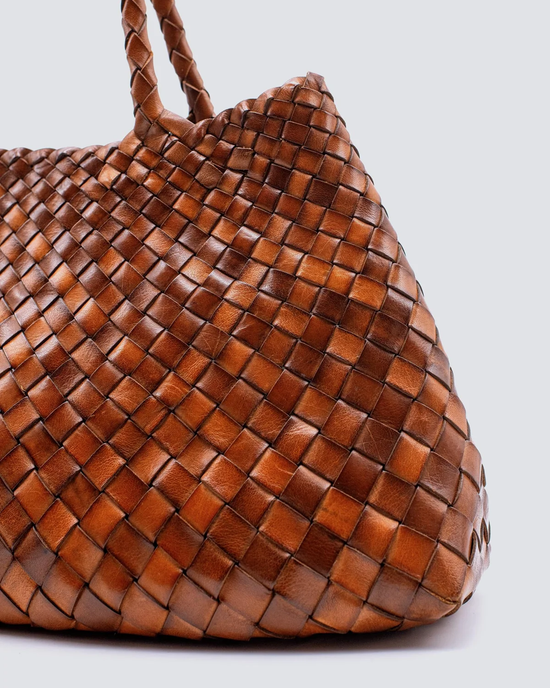 Dragon Diffusion woven brown leather Santa Croce Bag Big in Tan on a white background.