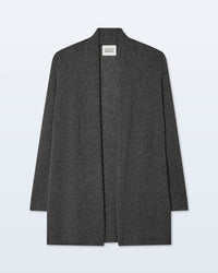 The White + Warren Cashmere Trapeze Cardigan in Dark Slate Heather is a long, collarless, open-front piece with a straight fit, shown on a light background. A white neck label with text is visible.