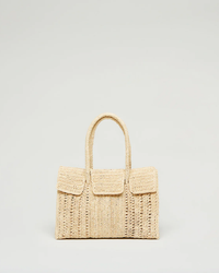 A beige knitted tote bag with dual handles and front pockets, displayed against a plain light background, reminiscent of the Maison N.H Paris Dahlia Mini Bag in Natural.