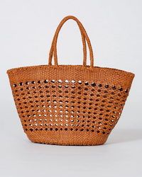 Dragon Diffusion Cannage Market XL handwoven straw tote bag in Tan against a plain background.