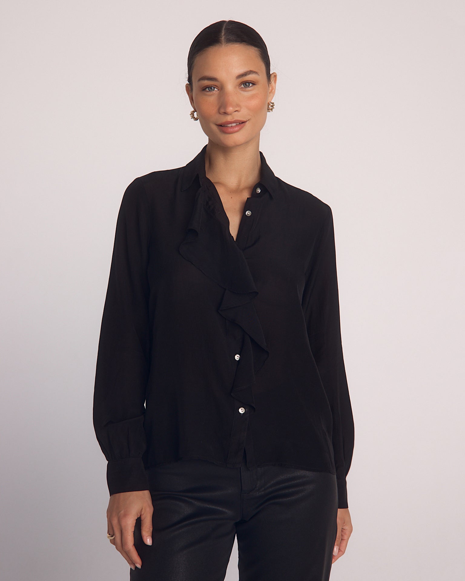 Ruffle Front Shirt in Black