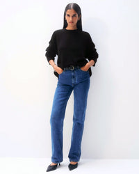 White & Warren Clothing Cashmere Saddle Sleeve Crewneck in Black