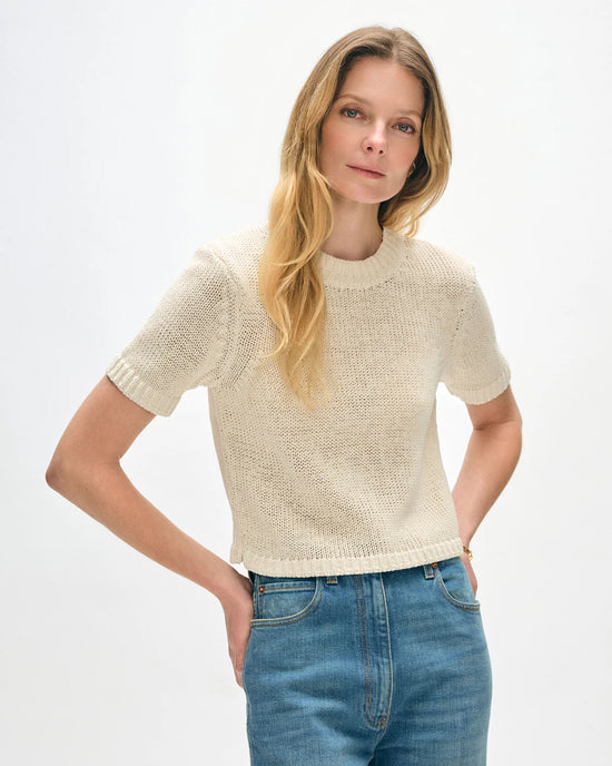 White + Warren Organic Cotton Tape TShirt Sweater in Ecru 