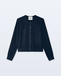 A deep navy, long-sleeve cashmere crewneck cardigan by White + Warren is displayed laid flat on a light background.