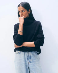 White & Warren Clothing Cashmere Luxe Waffle Standneck in Deep Navy