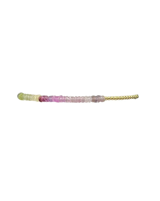 Multicolored beaded hairpin with Karen Lazar Design 2MM Sig Bracelet with Vino Ombre & Yellow Gold filled beads on a white background.