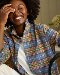 Eileen Relaxed Button Up Shirt in Orange Green & Blue Plaid - Bliss Boutiques