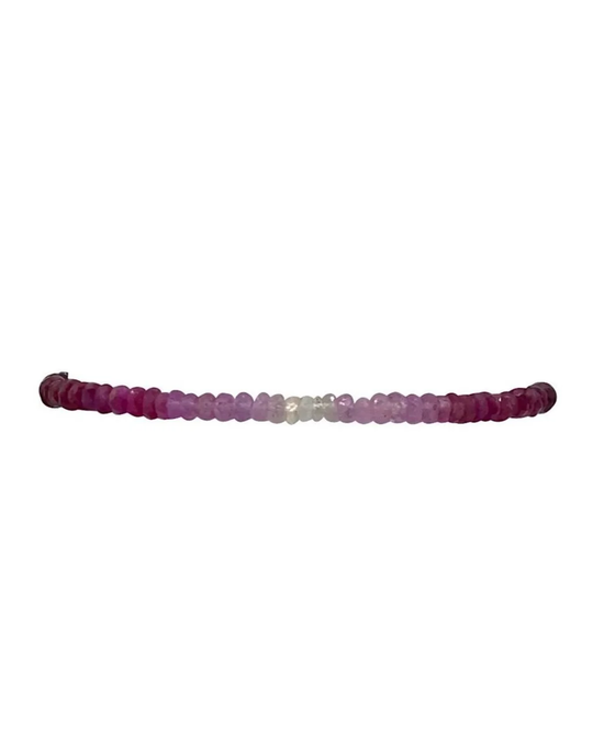 Karen Lazar Design's 2MM Sig Bracelet with Ruby Ombre & Yellow Gold features gradient purple beaded bracelet with central white beads and Ruby Ombré accents.