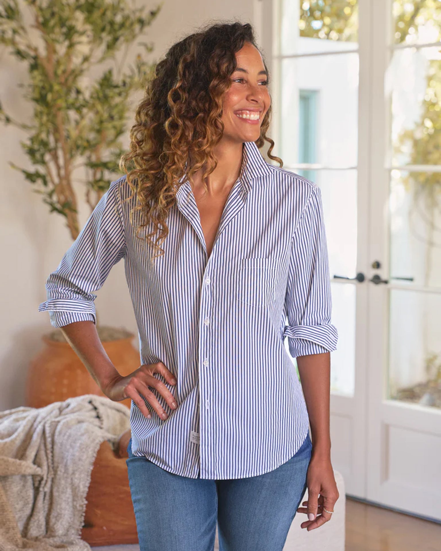 Eileen Relaxed Button Up Shirt in White & Navy Stripe