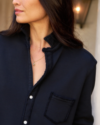 Woman wearing a Eileen Relaxed Button Up in British Royal Navy Triple Fleece with a frayed collar detail from Frank & Eileen.