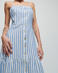 A woman in a Nation LTD Luciana Stripe Single Tier Dress in Parisian Blue with button details, cropped to show only from the neck down.