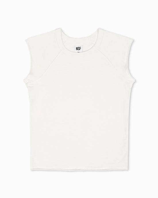 The NSF Chloe Fitted Slub Jersey Muscle Tee in Soft White is a sleeveless crew neck tee with an NSF label at the collar, shown laid flat on a white background.