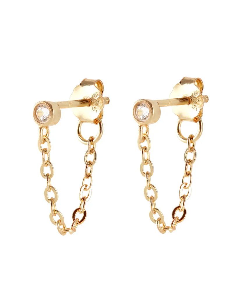White Topaz Chain Stud Earrings in Gold