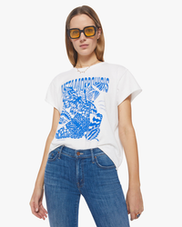 Woman in white 100% Cotton Mother Tee and blue jeans wearing sunglasses.
