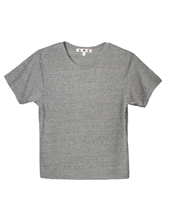 AMO Classic Tee in Heather Grey with distressed edges on a white background.
