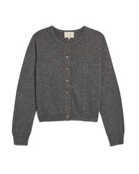 The Demylee Ava Cashmere Cardigan in Dark Heather Grey features a slim fit, long sleeves, round neckline, and button-up front, shown flat against a white background.