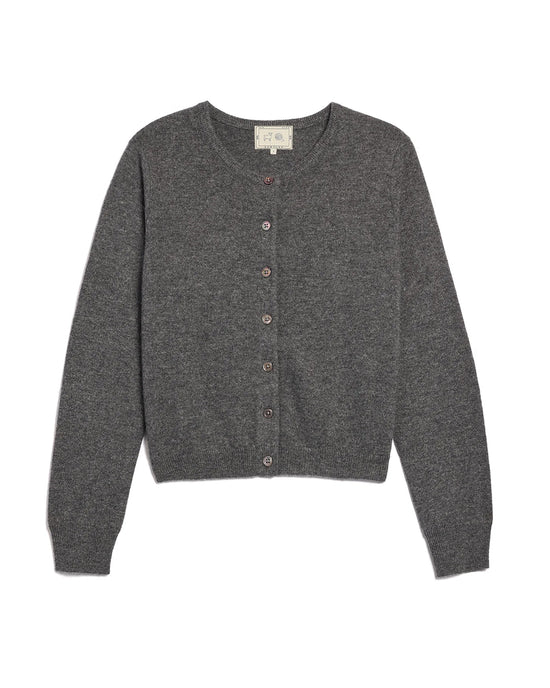 The Demylee Ava Cashmere Cardigan in Dark Heather Grey features a slim fit, long sleeves, round neckline, and button-up front, shown flat against a white background.