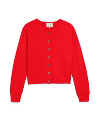 The Demylee Ava Cashmere Cardigan in Scarlet is a slim-fit, long-sleeve piece with a round neckline and button front, shown flat against a white background.