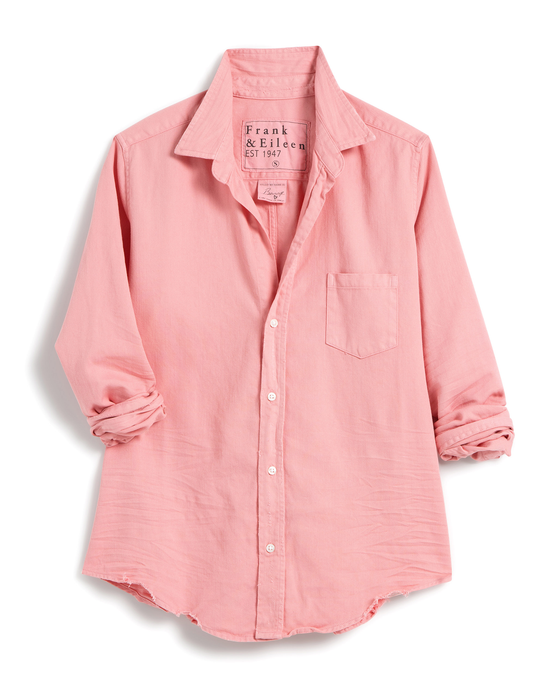A pink, long-sleeved Frank & Eileen Barry Tailored Button Up Shirt in Pink Sea with a collar, displayed unfolded with a visible brand label on the neck area.