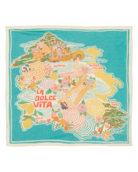 A colorful square Souvenir Bandana in Lagoon featuring an illustrated map with landmarks and phrases evoking the Hartford lifestyle, crafted from 100% cotton.