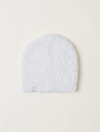 White fuzzy Barefoot Dreams CC Heathered Beanie in Almond/Pearl on a neutral background.