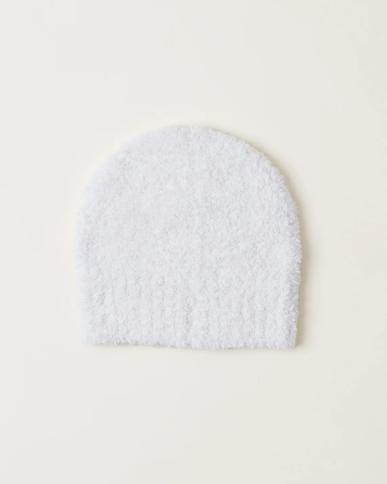 White fluffy bath mitt on a light background, resembling the texture of a Barefoot Dreams CC Heathered Beanie in Almond/Pearl.