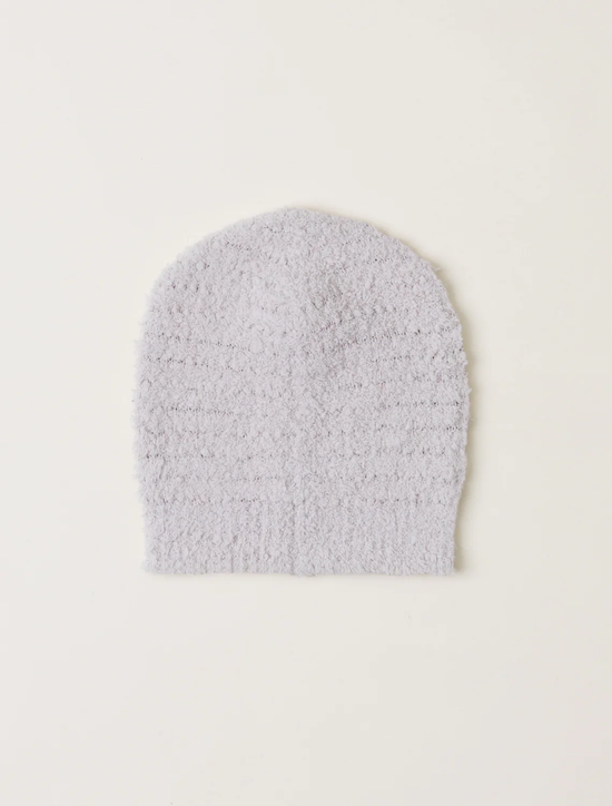 A light gray Barefoot Dreams CC Boucle Beanie in Stone displayed against a white background.