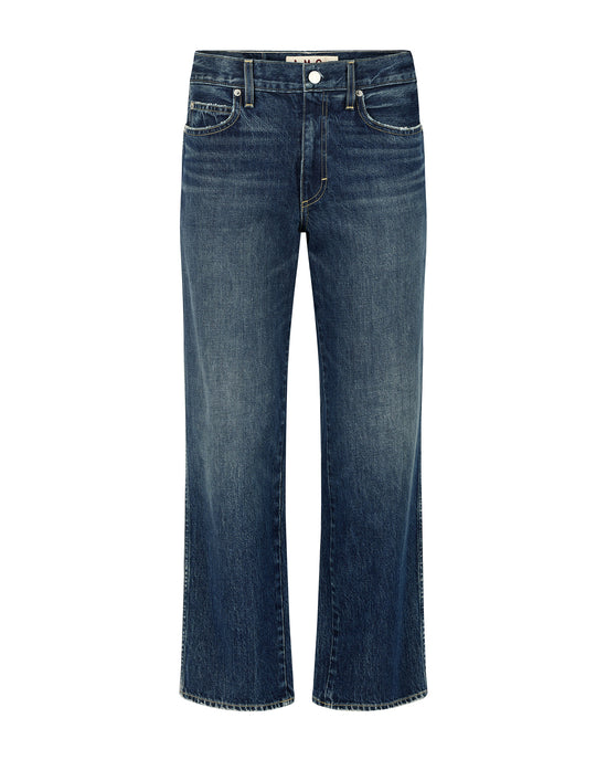 AMO's Billie in Metaphor jeans are blue, mid-rise, straight-leg with front and back pockets and subtle thigh fading, providing classic comfort and style.